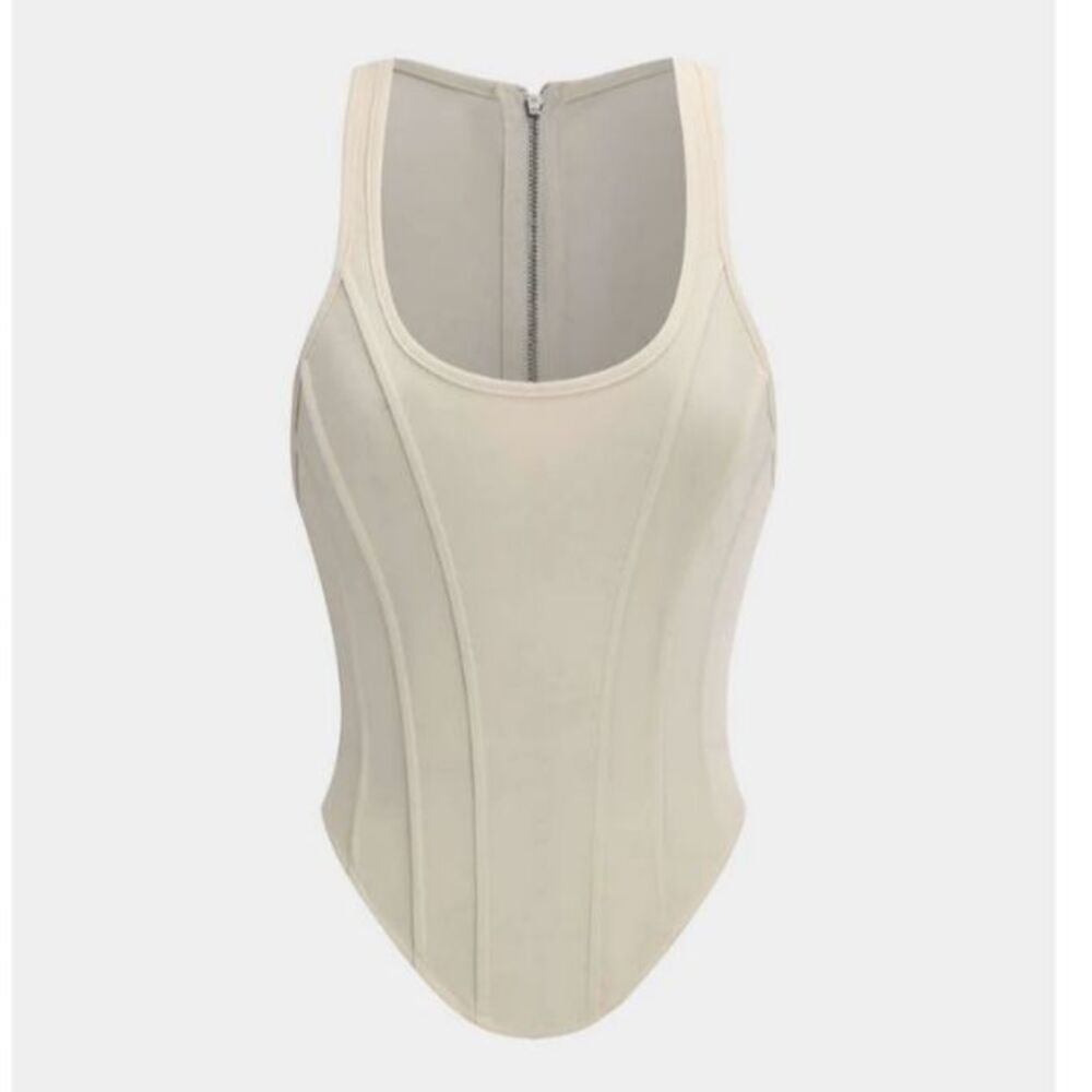 Scoop Neck Seam-Panel Tank Bodysuit in Cream